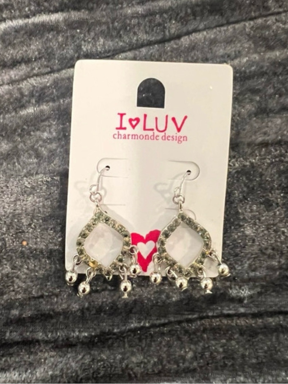 I LUV Silver Dangle Crystal Hoop Earrings by Charmonde Design